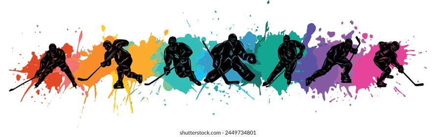 Hombres siluetas coloridas de jugadores de hockey. Ilustración vectorial de hockey