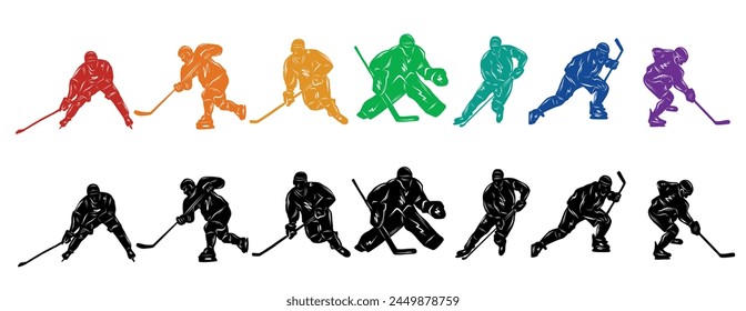 Men colorful silhouettes of hockey players. Hockey vector illustration