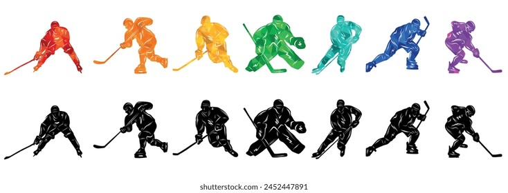 Men colorful silhouettes of hockey players. Hockey vector illustration