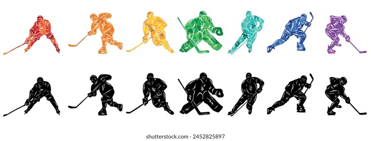 Men colorful silhouettes of hockey players. Hockey vector illustration