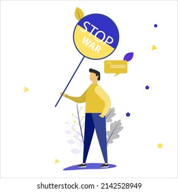 A men in the colors of the Ukrainian flag holds a poster to stop the war in Ukraine. world peace. vector illustration