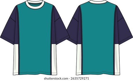 Homens de cor bloco tripulação pescoço oversized t-shirt caiu ombro, mangas navy, verde meio corpo, off branco lado inferior corpo, esboço colorido, cortes verticais com tubulação, esboço frente e atrás, vetores