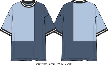 Men colour block crew neck oversized t-shirt, short sleeves dropped shoulder, square cuts, coloration light blue and navy, yarn dye rib neck and cuff, black and white rib, sketch front, back,, vectors