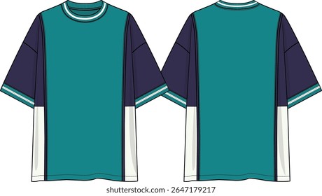 Men colour block crew neck oversized t-shirt dropped shoulder, navy sleeves, green middle body, off white side bottom body, vertical cuts with piping, sketch front, back, vectors, yarn dye rib bands