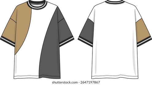 Men colour block crew neck oversized white t-shirt, asymmetrical curvy cuts at front, dark grey left side, yellow right side and sleeves, short sleeves, black and white yarn dye rib neck and cuffs