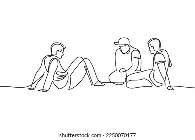 Men communicate in casual settings. Male friends sitting on the ground, resting and talking. Continuous line art drawing style. Black linear design isolated on white background. Vector illustration