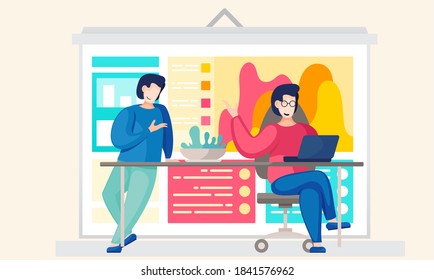 Los hombres se comunican y discuten durante el receso en el estudio. El tipo se sienta con la laptop y trabaja en la computadora. Día laborable del personal de oficina. Los jóvenes pasan tiempo juntos en el estudio. Relajación con amigos