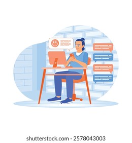 Men communicate online using smartphones and computers. Young people use mobile phone apps to chat online and send text messages. Concept of Young People Using Smartphones. Flat vector illustration.