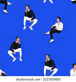 Men communicate seamless background, notion and talking on armchair, speak and listen, psychoanalysis and behavioral therapy, mental health, communication. Vector doodle illustration, stylize people