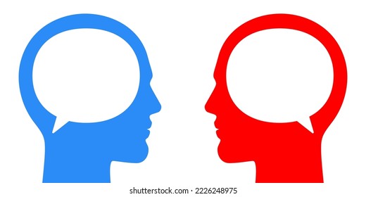 Men communicating face to face. Different or same point of views, opinions, concept vector illustration. Two adult male persons with text bubbles and geometric figures, talking to each other.