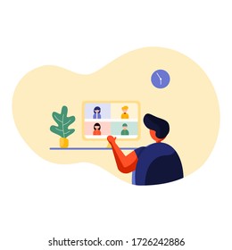 Men are communicating with friends while working at home with a computer , concept illustration , vector flat style illustration