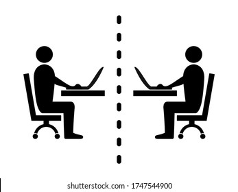 Hombres comunicándose a través de Internet y su ícono de laptops. Imagen vectorial.