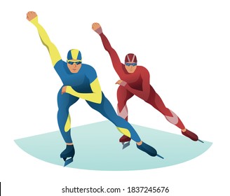 Men competing on short track. Athletes speed skating. Muscular build athletes in sportswear overcome the distance on ice skates. Vector flat design illustration front view. Winter sports ice-skating.
