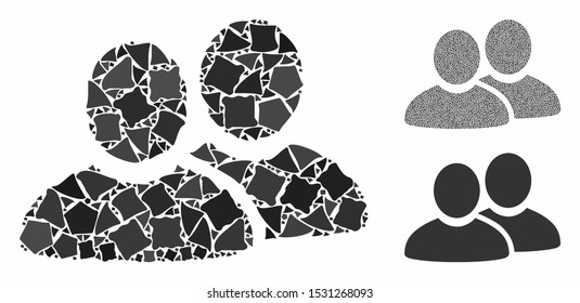 Men composition of abrupt parts in different sizes and color tinges, based on men icon. Vector irregular parts are united into collage. Men icons collage with dotted pattern.