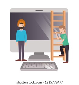 men with computer desktop and stair wood