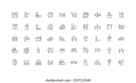 Ilustración conceptual masculina, iconos lineales, conjunto de signos de línea, colección de vectores