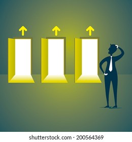 men confuse to choose the right door concept vector