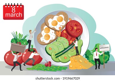 
Men congratulate women on March 8. A team of men in suits are preparing for a corporate event. Corporate food. Vector illustration.