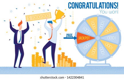 Men Congratulations Winning Lottery Priz Jackpot. From Poverty to Wealth. Achive Goal. Vector Illustration. Way to Victory. Bank Money System. Celebrate Winning. Lottery Earnings. Happy Life.