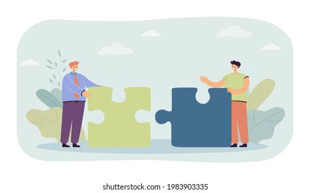 Men connecting ideas vector illustration. Two male characters working together, linking new concepts symbolized by pieces of puzzle. Teamwork concept for banner, website design or landing web page