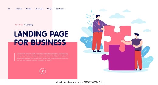 Men connecting ideas vector illustration. Two male characters working together, linking new concepts symbolized by pieces of puzzle. Teamwork concept for banner, website design or landing web page