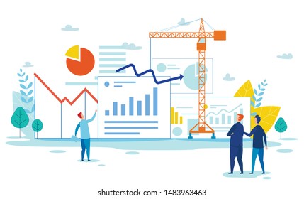 Men Construct Analytical and Statistical Graphs and Charts with Tower Crane. Social Media Application Development and Marketing, Mobile Technologies Creation. Vector Flat Cartoon Metaphor Illustration