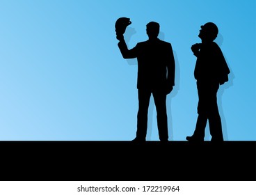 Men construction engineers in safety helmets in industrial concept vector background illustration