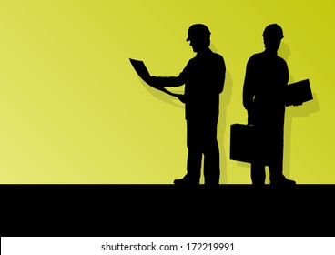 Men construction engineers in safety helmets in industrial concept vector background illustration