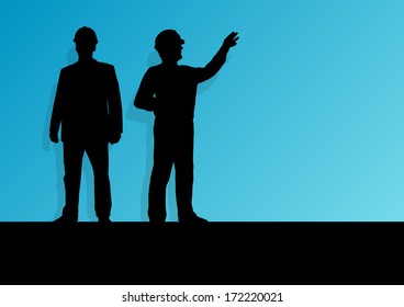 Men construction engineers in safety helmets in industrial concept vector background illustration