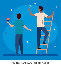 hombres con pincel de martillo de construcción y diseño de escalera de remodelación de trabajo y reparación tema Ilustración vectorial