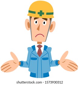 Men in construction site in blue work clothes are amazed