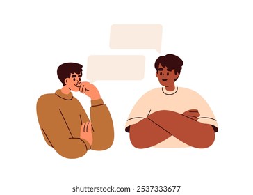 Homens conversando com balões de fala. Pessoas dialogando, discutindo, falando, falando, conversando sobre ideias. Comunicação, conceito de discussão. Ilustração de vetor plano isolada no plano de fundo branco