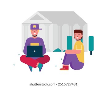 Men conversing with friend while doing college tasks in the park, teamwork assignment. Character design. Vector flat illustration