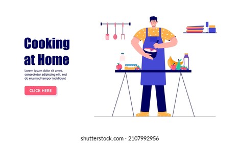 Men Cooking At Home, Mixing Delicious Food. People Enjoying Their Hobbies, Work, Leisure. Vector Illustration In Flat Cartoon Style.