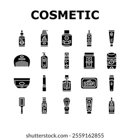 men cosmetic grooming skincare icons set vector. beard moisturizer, shaving cologne, fragrance, aftershave cleanser, exfoliant, toner men cosmetic grooming skincare glyph pictogram Illustrations