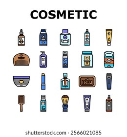 men cosmetic grooming skincare icons set vector. beard moisturizer, shaving cologne, fragrance, aftershave cleanser, exfoliant, toner men cosmetic grooming skincare color line illustrations