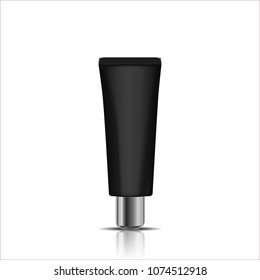 Men cosmetic packaging design. Black cream or washing gel tube with protecting light stream. 3d realistic vector illustration. Cosmetics mockup for branding. Men beauty product.