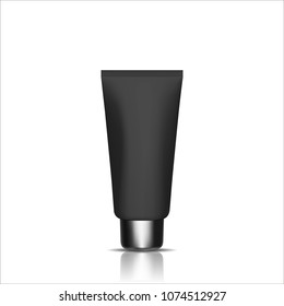 Men cosmetic packaging design. Black cream or washing gel tube with protecting light stream. 3d realistic vector illustration. Cosmetics mockup for branding. Men beauty product.