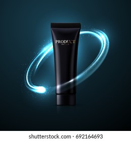 Men cosmetic packaging design. Black cream or washing gel tube with protecting light stream. 3d realistic vector illustration. Cosmetics mockup for branding. Men beauty product.