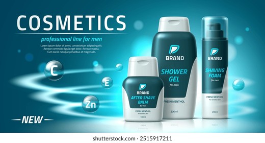 Men cosmetic products, shower gel with shaving foam and after shave balm packages, vector ad poster template. Men skincare cosmetics bottle mockups with vitamins bubbles and menthol fresh fragrance