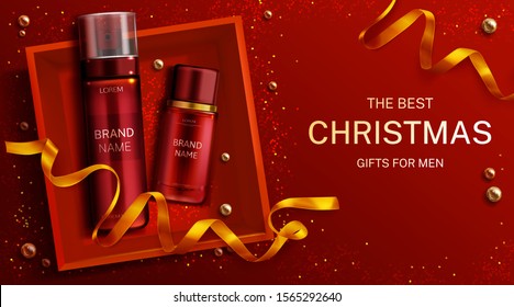 Men cosmetics Christmas gift bottles shaving foam and lotion, cosmetic tubes in box top view with gold ribbon on red xmas or new year background. Body care product. 3d realistic vector illustration.