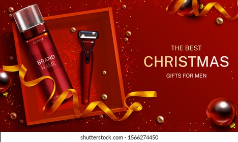 Men cosmetics Christmas gift mockup banner, shaving foam bottle and safety razor blade in red box top view. Shaver and body care cosmetic product on festive background 3d realistic vector illustration