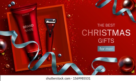 Men cosmetics Christmas gift mockup banner. Aftershave cream tube, safety razor blade in red box top view. Shaver and body care cosmetic product on festive background. 3d realistic vector illustration