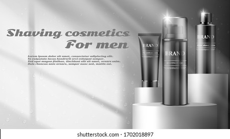 Men cosmetics, shaving foam, Body care cosmetic product on blue background. Vector illustration.