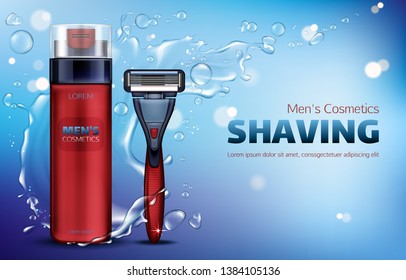 Men cosmetics, shaving foam, safety razor blade 3d realistic vector ads poster. Body care cosmetic product, red bottle and shaver on blue background with water splash and flying drops, promo mock up