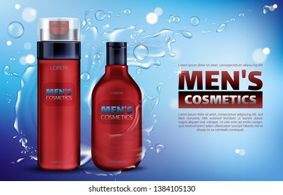 Men cosmetics, shower gel, shampoo, shaving foam 3d realistic vector ads poster. Body care cosmetic product in red bottle on blue background with water splash and flying drops, promo banner mock up