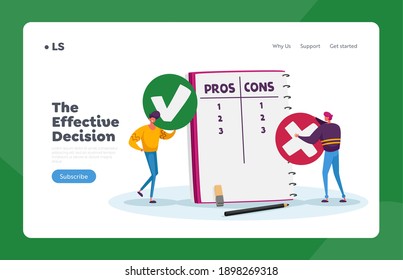 Men Count Advantages, Disadvantages of Deal Landing Page Template. Tiny Male Characters with Huge Check Mark Make Decision at Notebook with Pros or Cons List in Columns. Cartoon Vector Illustration