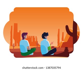 men couple contemplating horizon in the desert scene