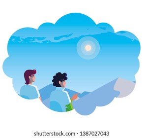 men couple contemplating horizon in snowscape scene