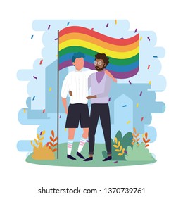 men couple with rainbow flag to community celebration